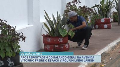 Lixão na Av. Vitorino Freire vira um jardim com materiais recicláveis