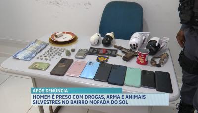 Suspeito é preso com drogas, arma de fogo e animais silvestres na Morada do Sol